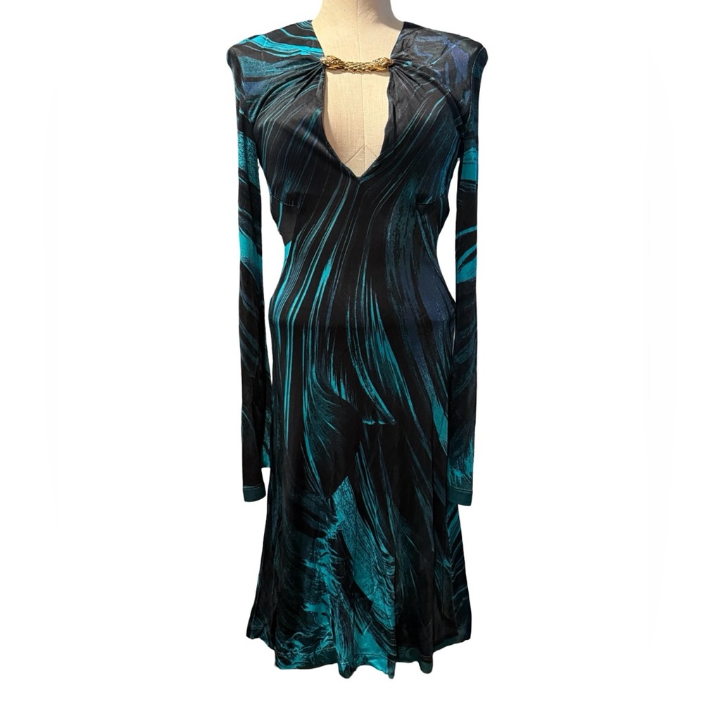 Roberto Cavalli Teal and Black Long Sleeve Dress